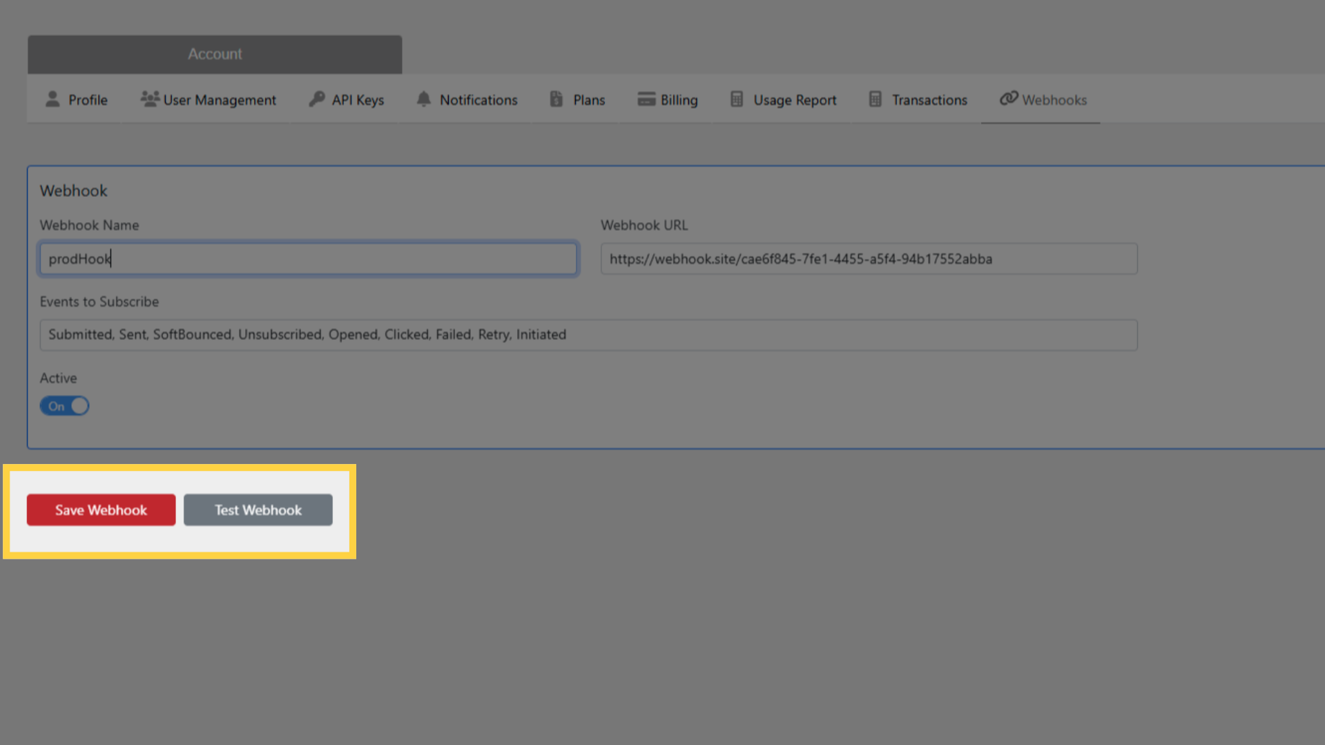Save and Test Webhook