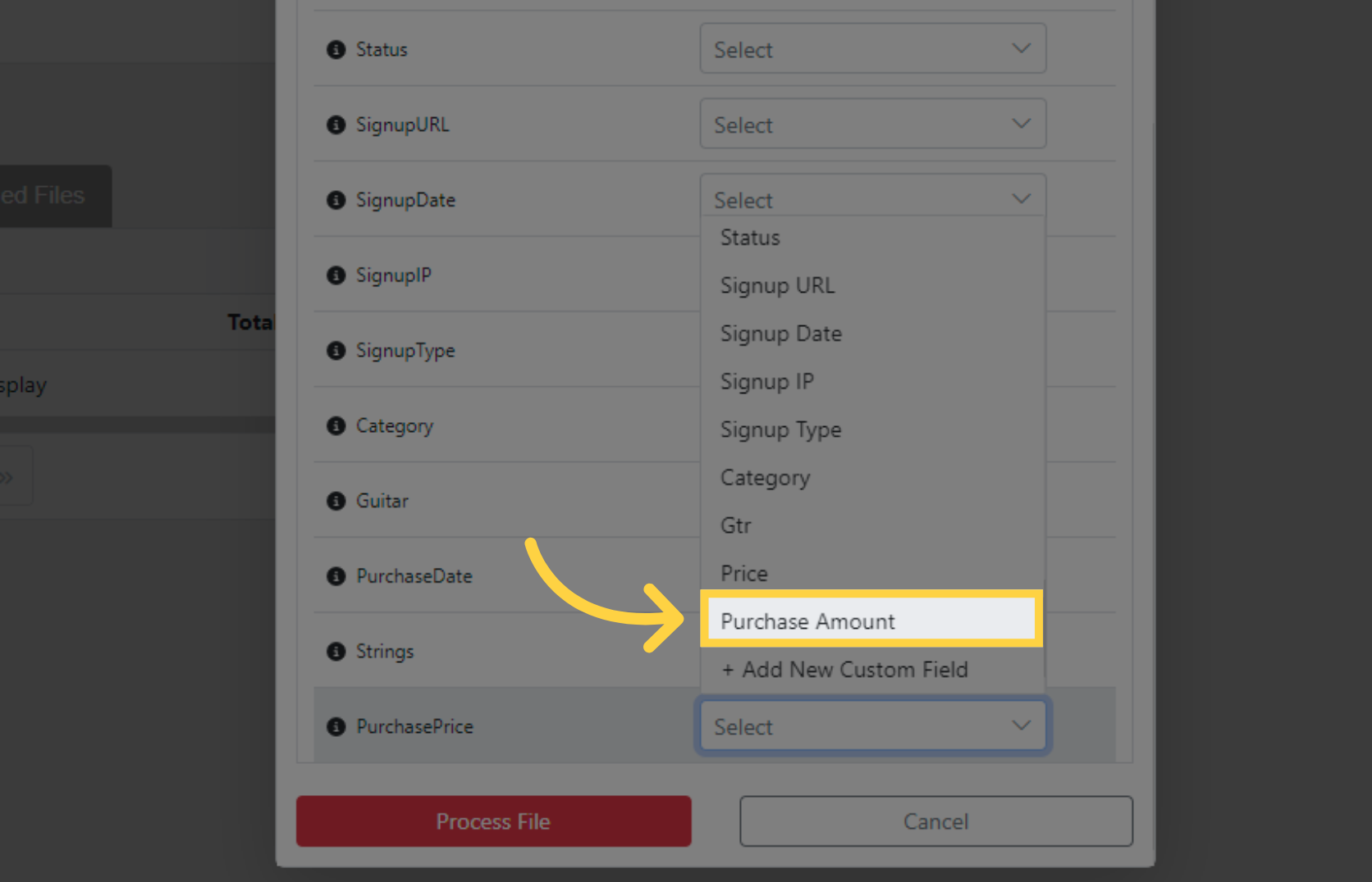 Selecting a custom field