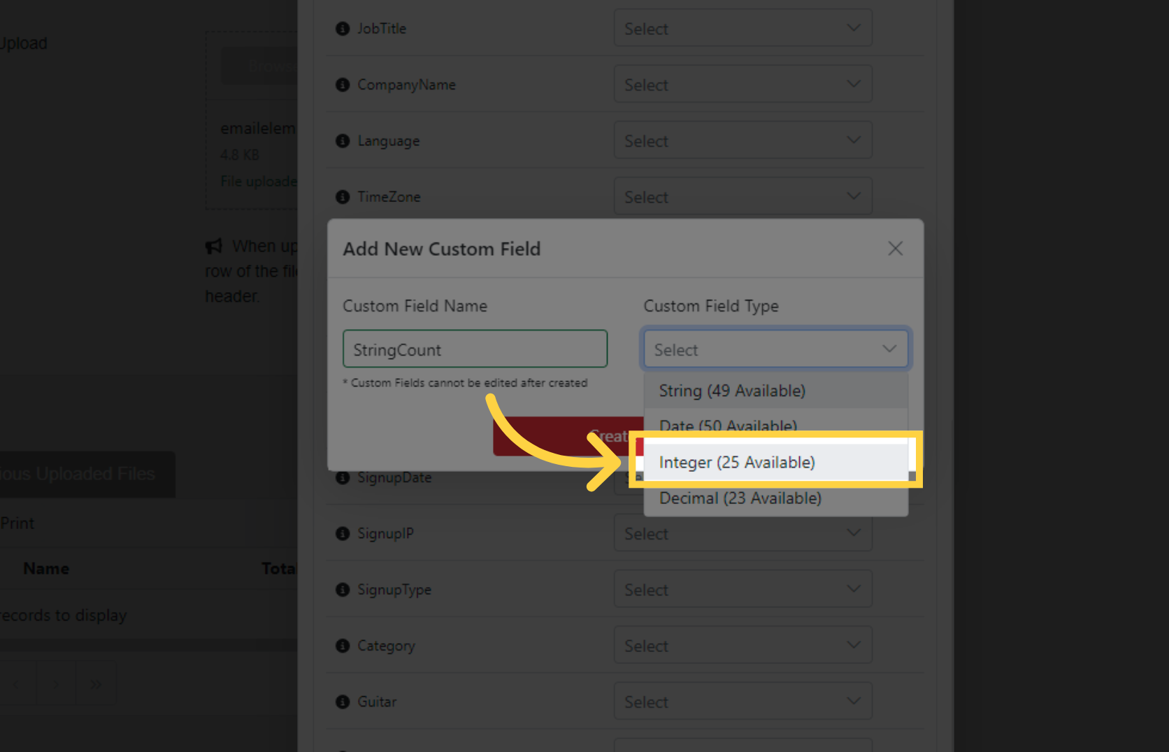 Select the Custom Field Type