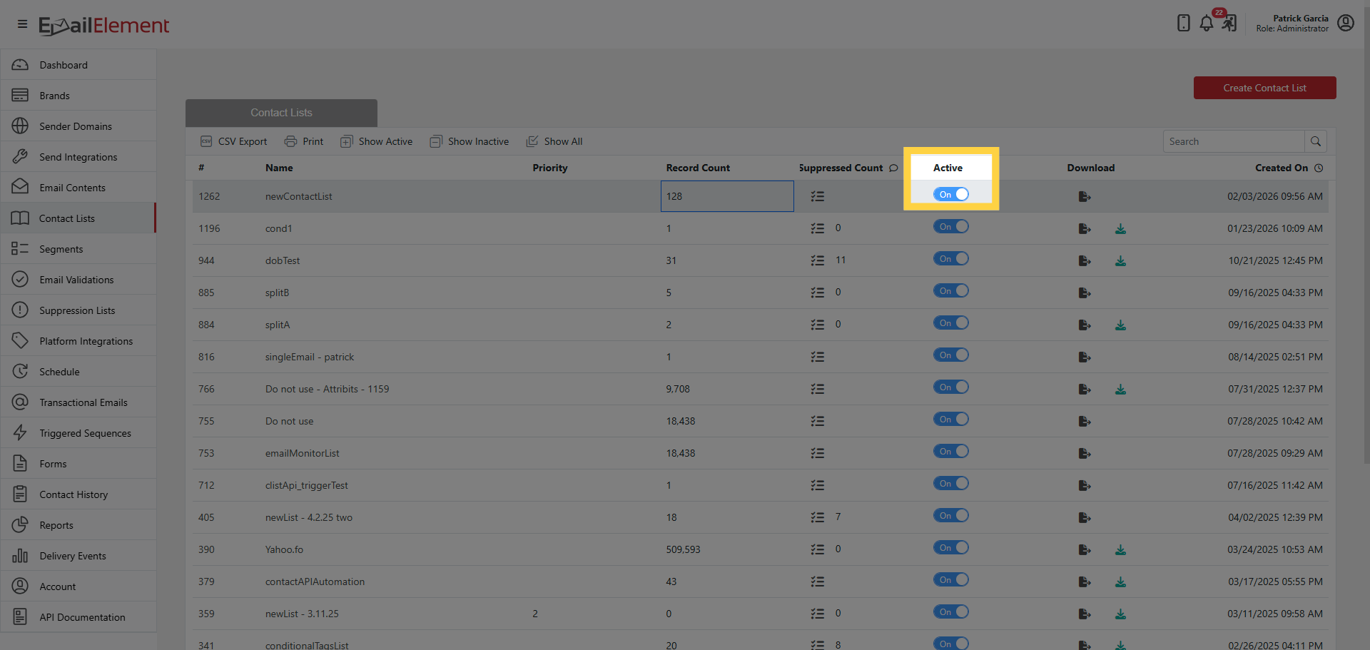 Deactivate/Activate Contact List