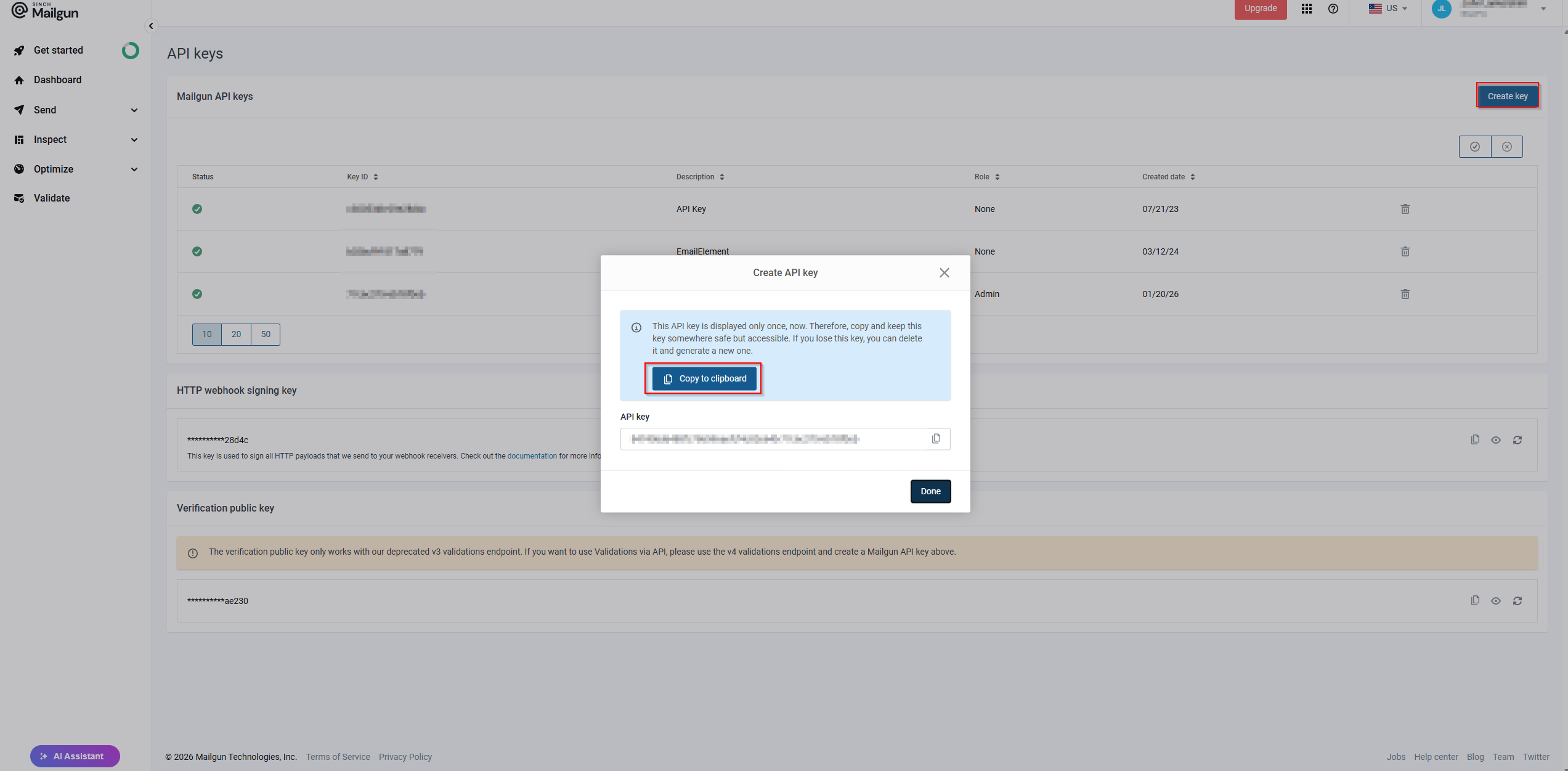 Create an API Key in Mailgun