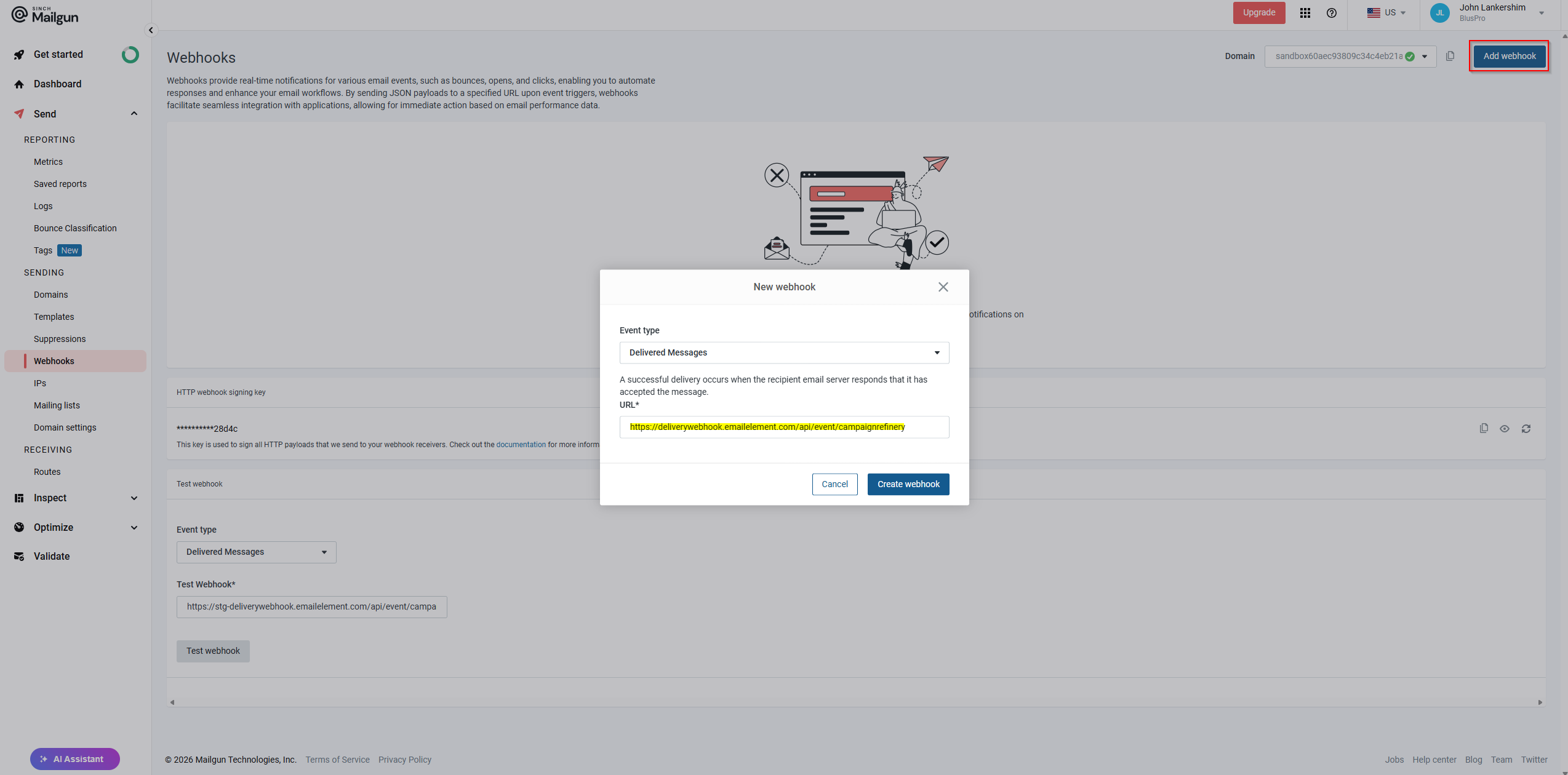 Create and Enable Webhooks in Mailgun