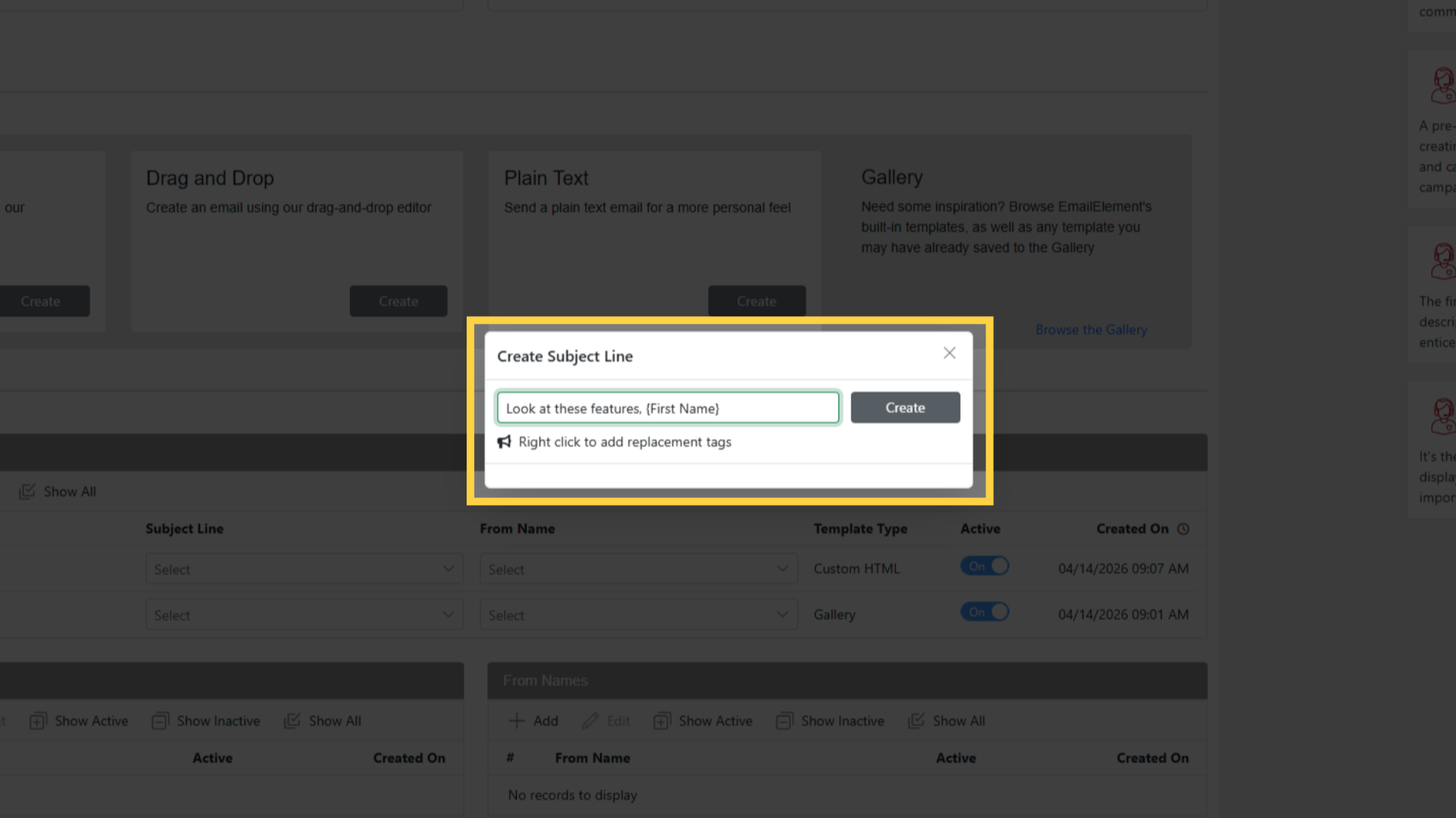 Create Subject Line Popup