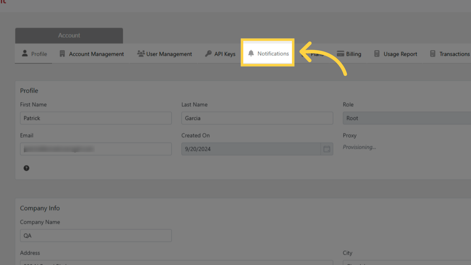 Access Notifications Section