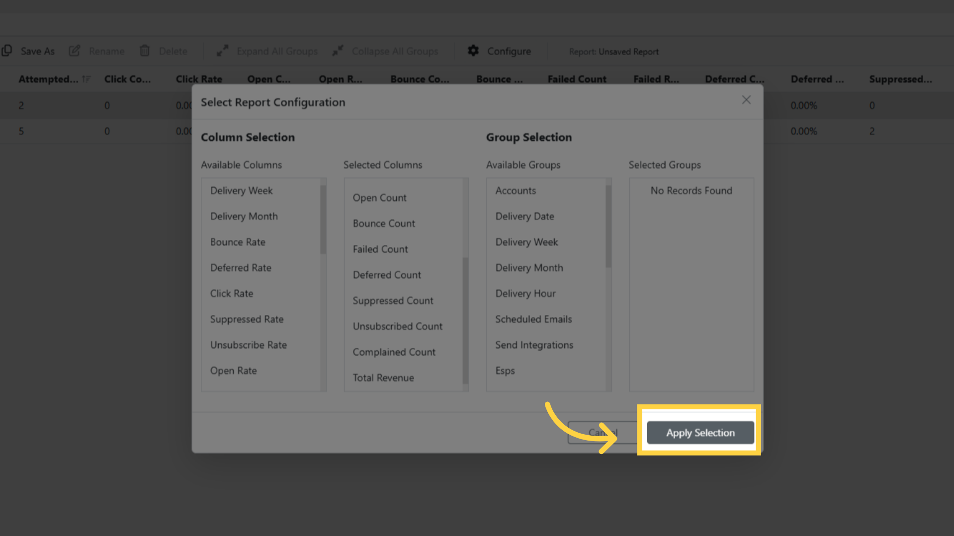 Advanced Report: Apply Column Selections