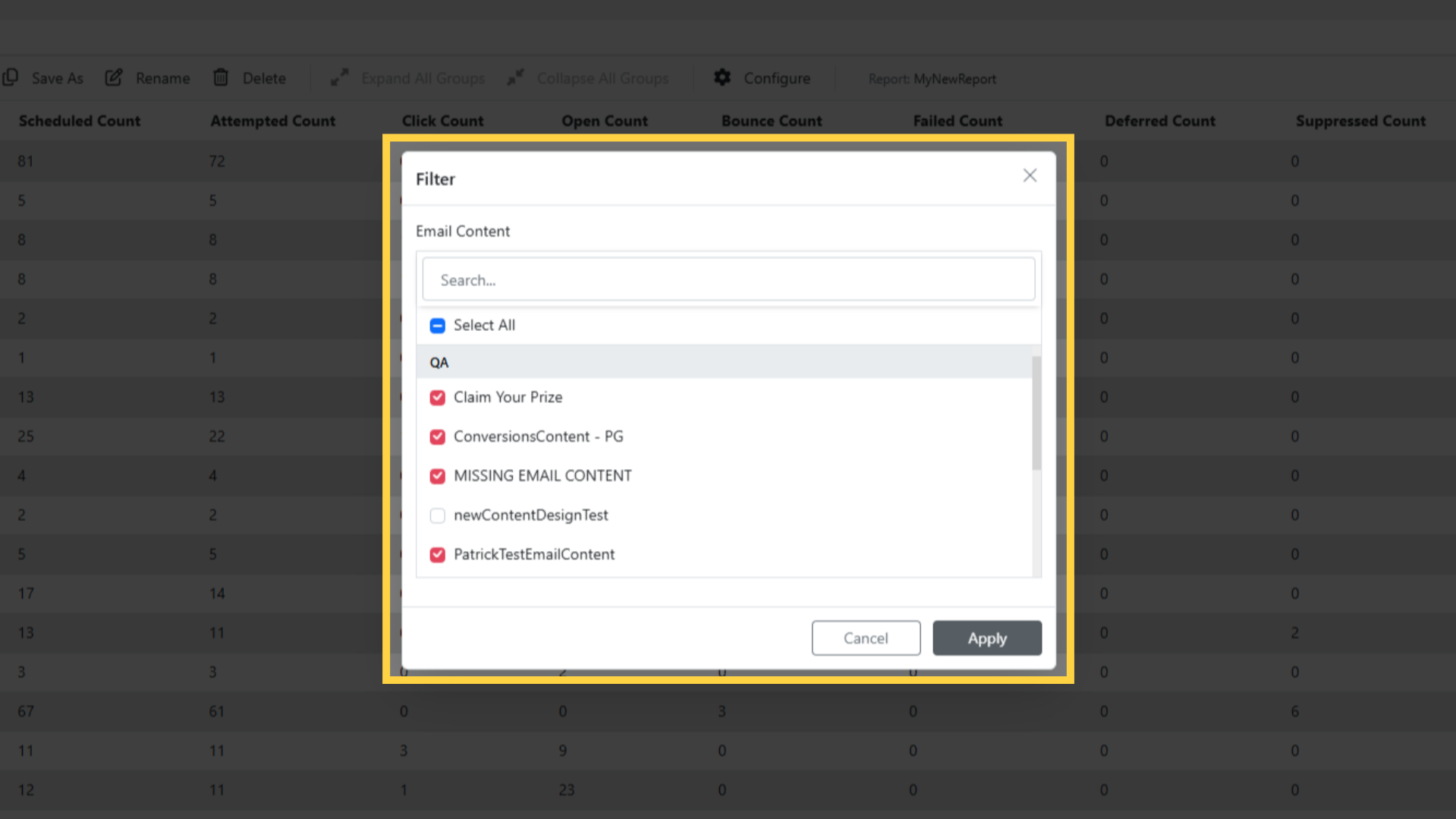 Advanced Report: Apply Selections for Filter