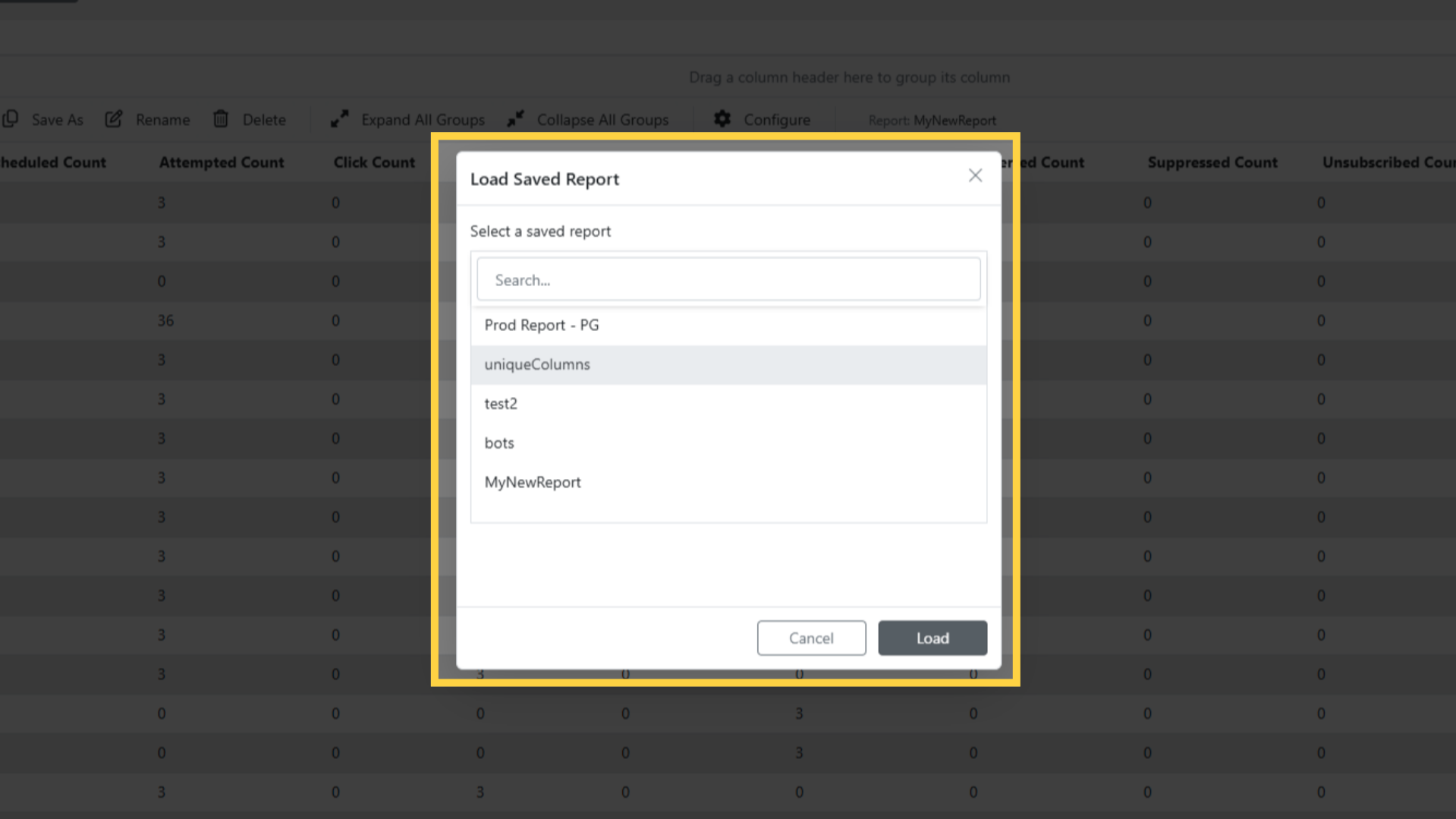 Advanced Report: Select Saved Report