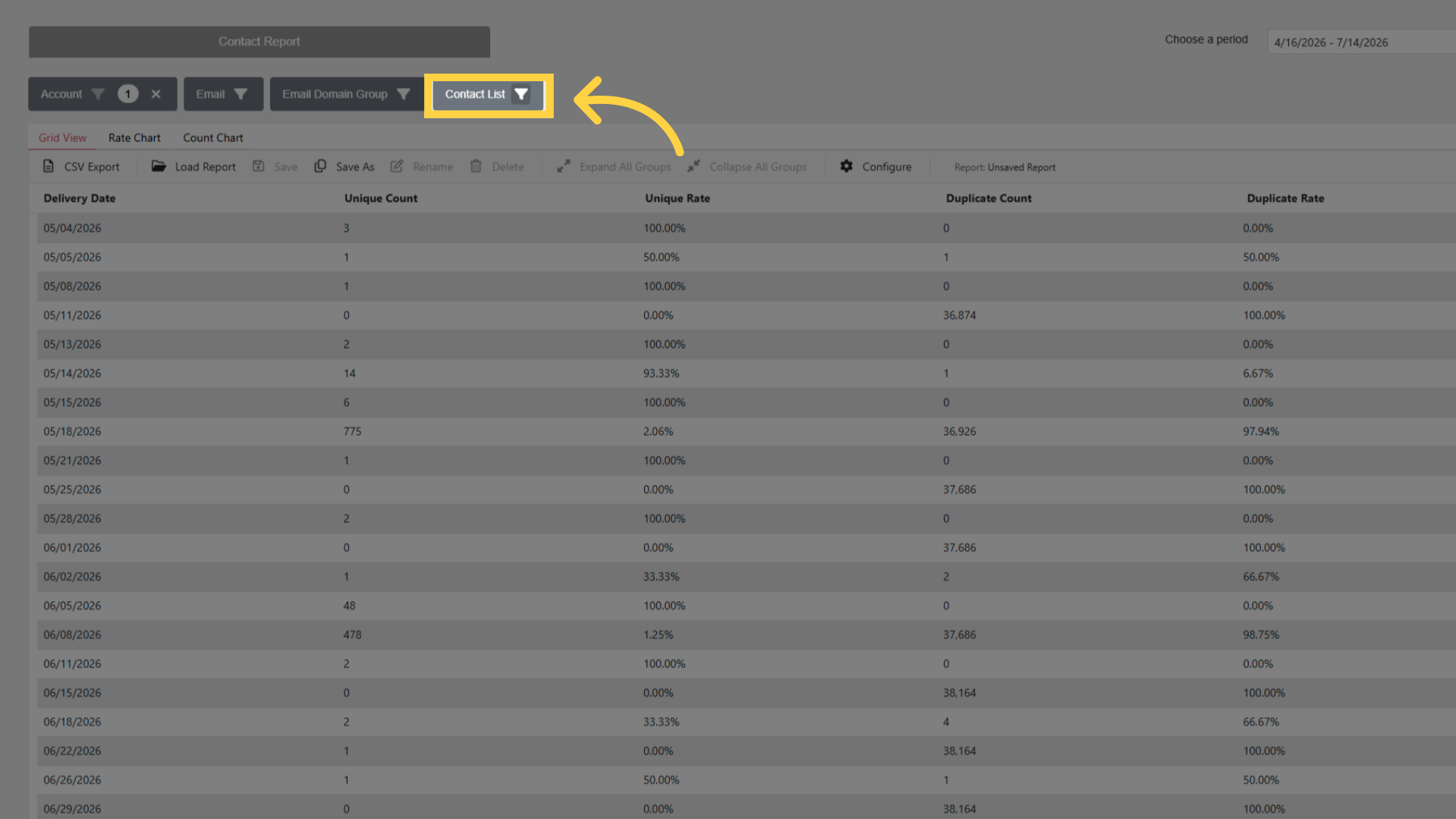Contact Report: Adjust Filters