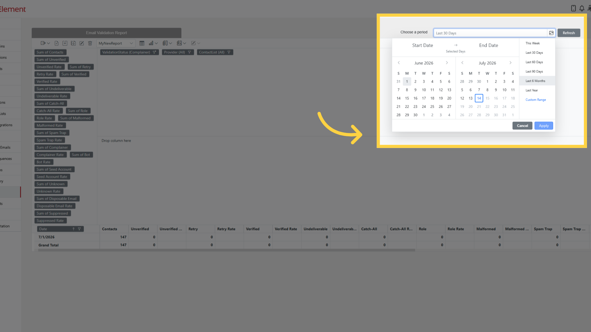 Email Validation Report: Set Date Range