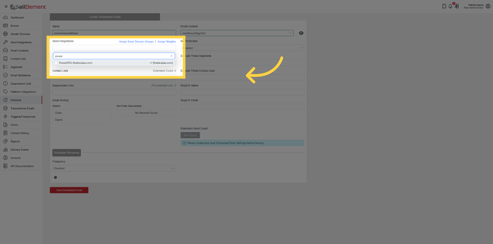 Select Send Integration(s)