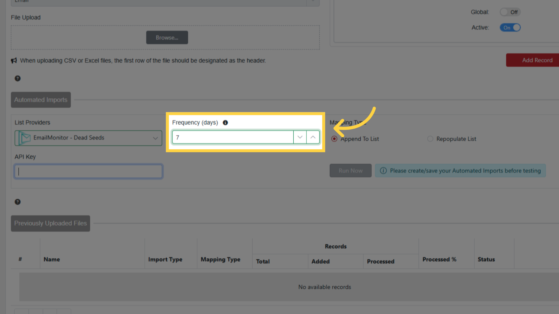 Set Import Frequency