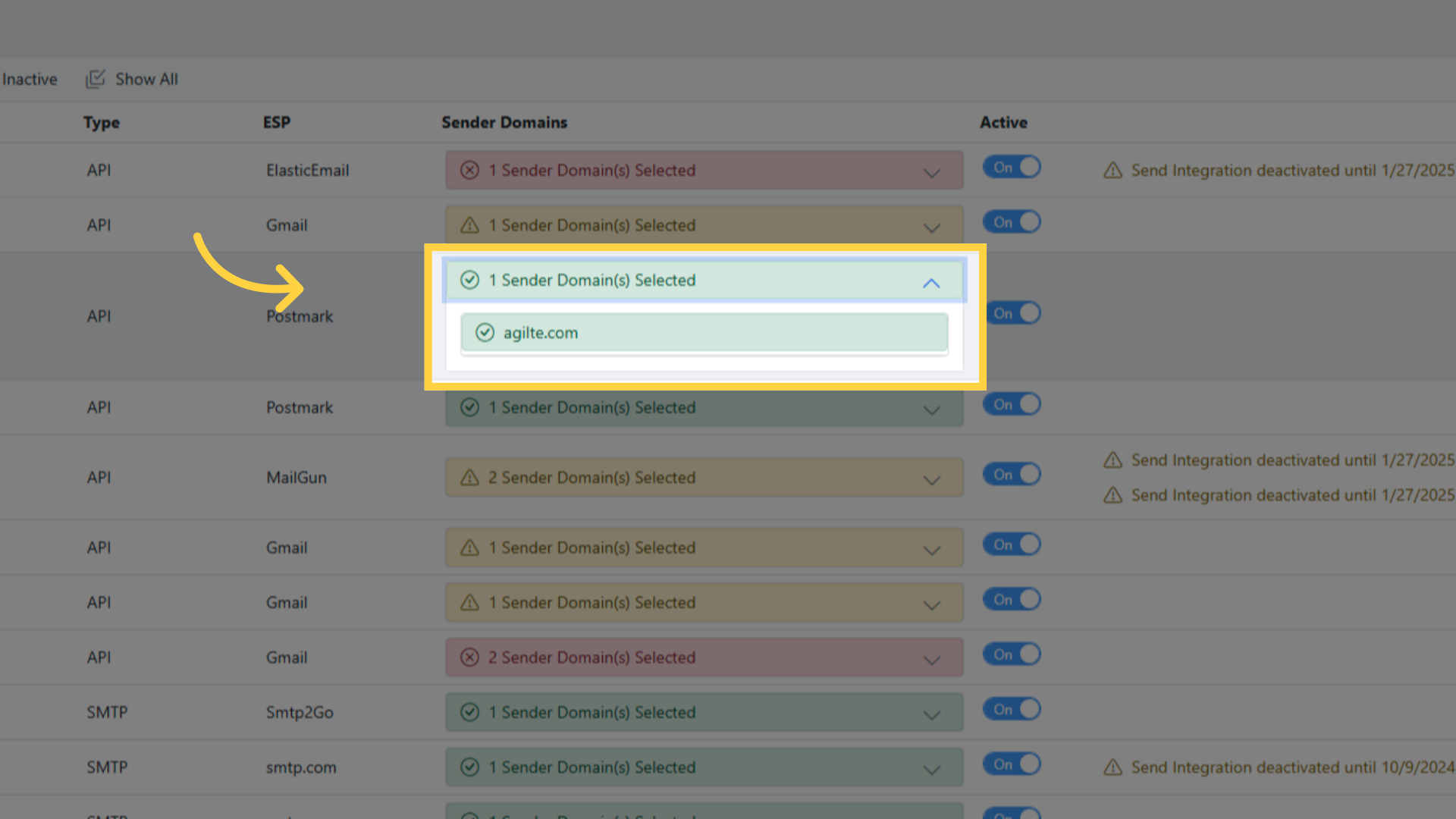 List of Domains for a Send Integration