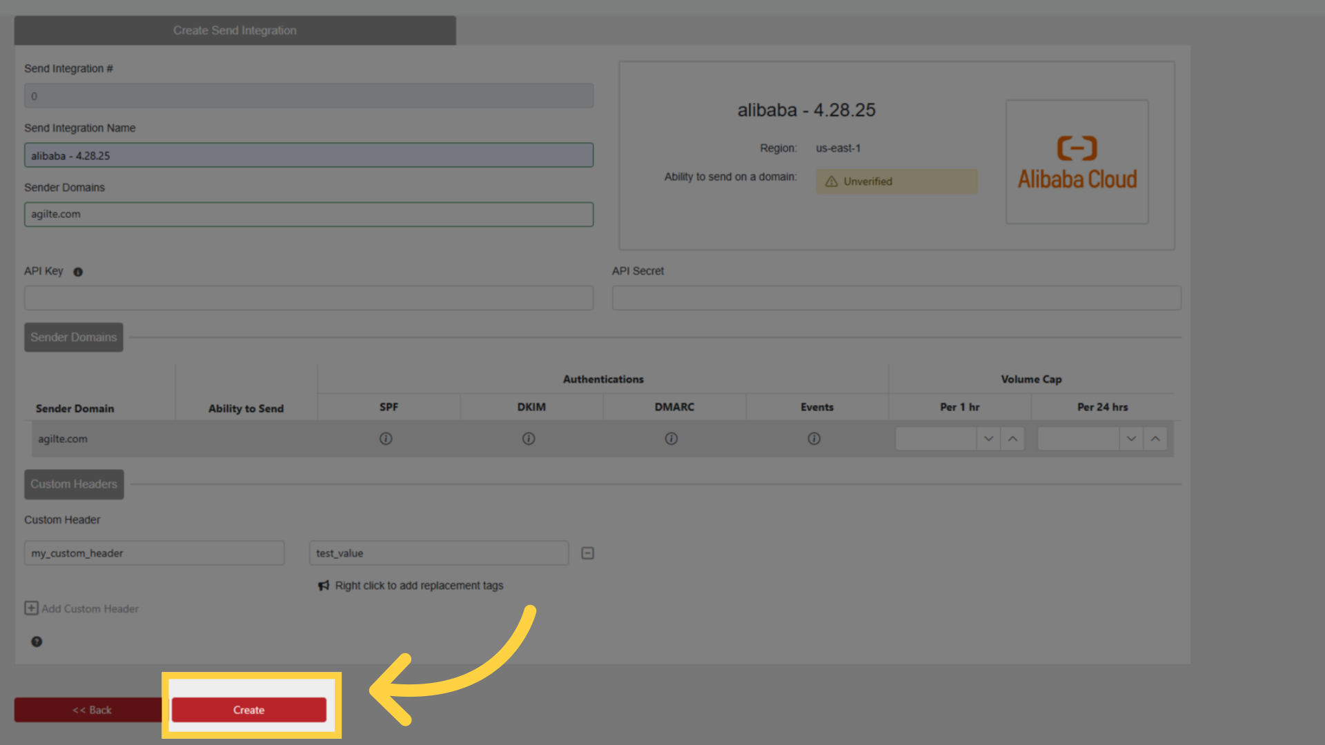 Finish Send Integration Creation