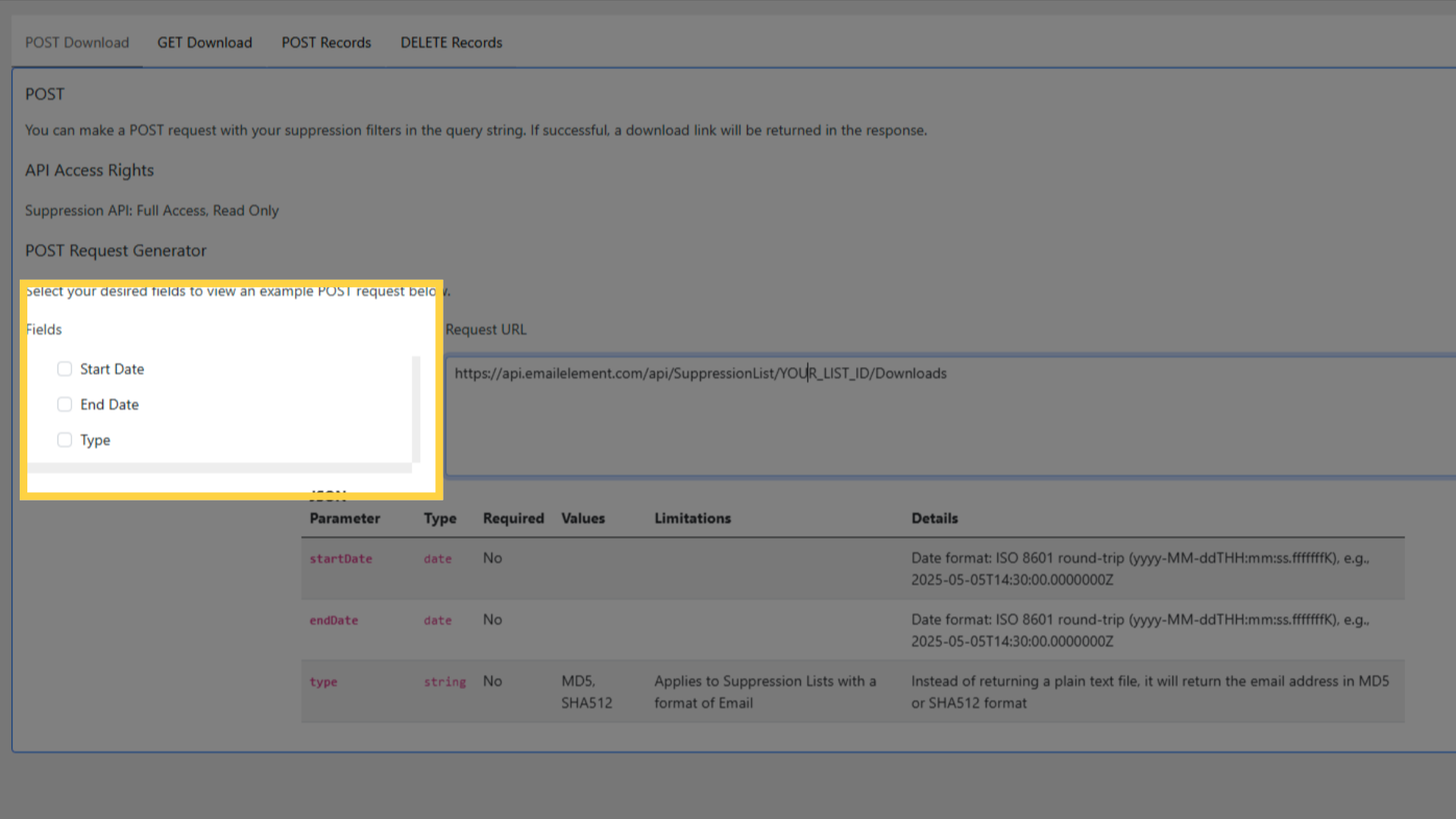 'POST Download' Options