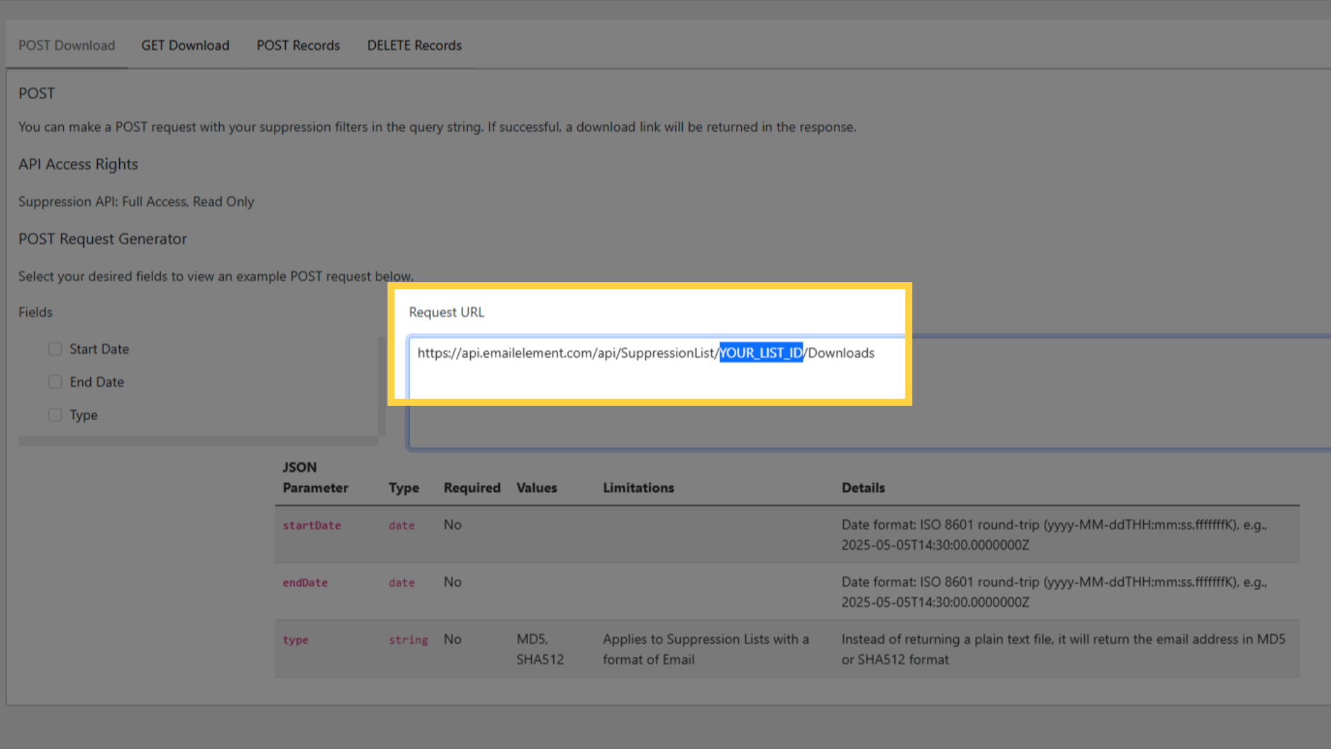 Copy 'POST Download' Request URL