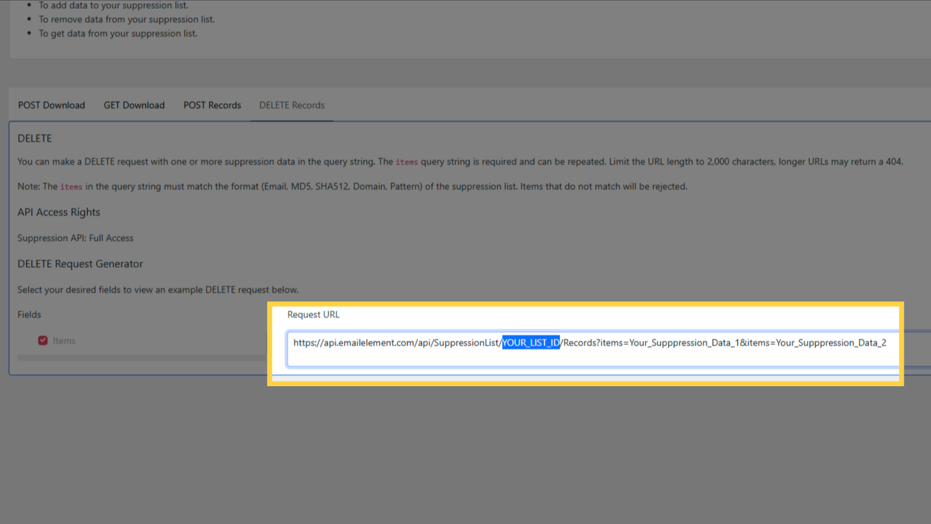 'DELETE Records' Request URL