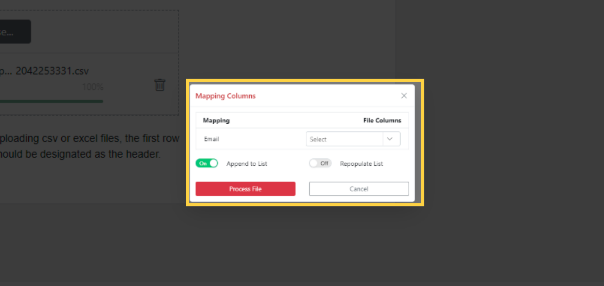 Mapping Columns Popup
