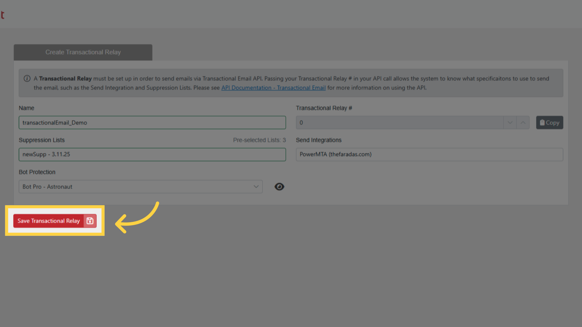 Click 'Save Transactional Relay'