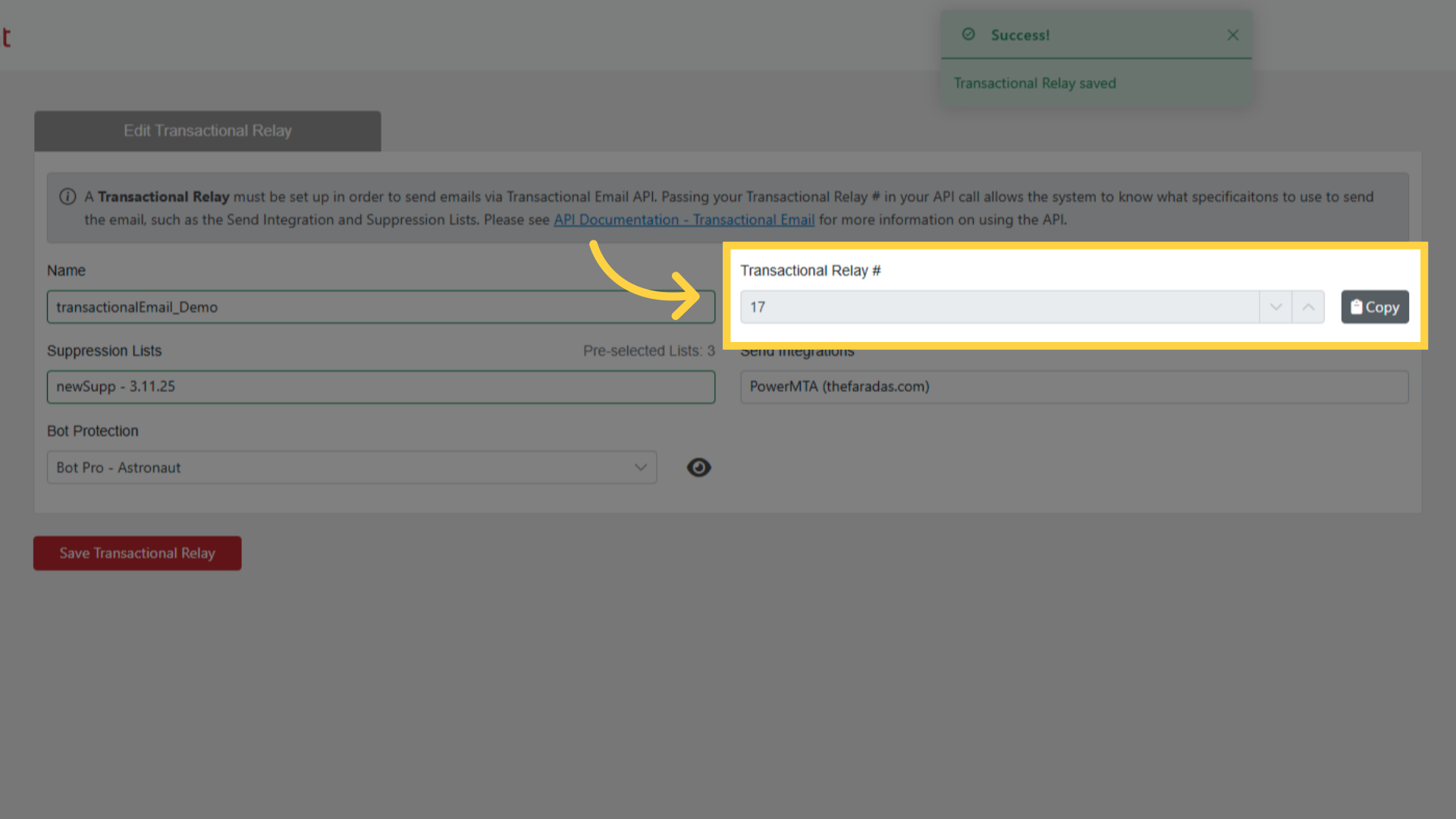 Copy Transactional Relay Number